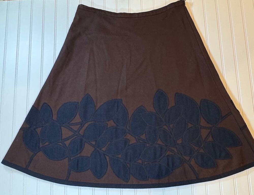 Boden Wool embroidered Skirt. Womens 16 Long/tall A Line. Brown and navy